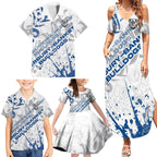 Personalized Canterbury-Bankstown Bulldogs Rugby Family Matching Summer Maxi Dress and Hawaiian Shirt Urban Street Graffiti Style - Distressed Splatter Elements