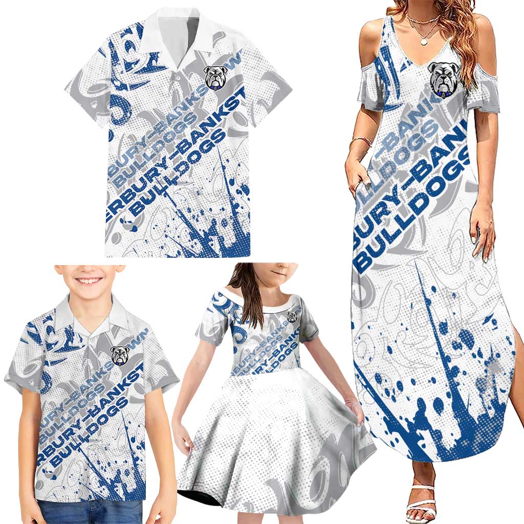 Personalized Canterbury-Bankstown Bulldogs Rugby Family Matching Summer Maxi Dress and Hawaiian Shirt Urban Street Graffiti Style - Distressed Splatter Elements