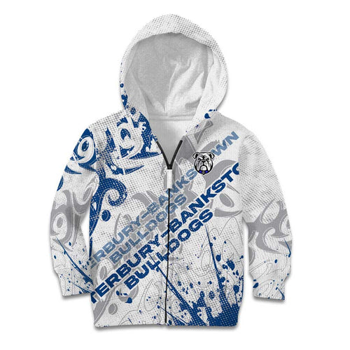 Personalized Canterbury-Bankstown Bulldogs Rugby Kid Hoodie Urban Street Graffiti Style - Distressed Splatter Elements