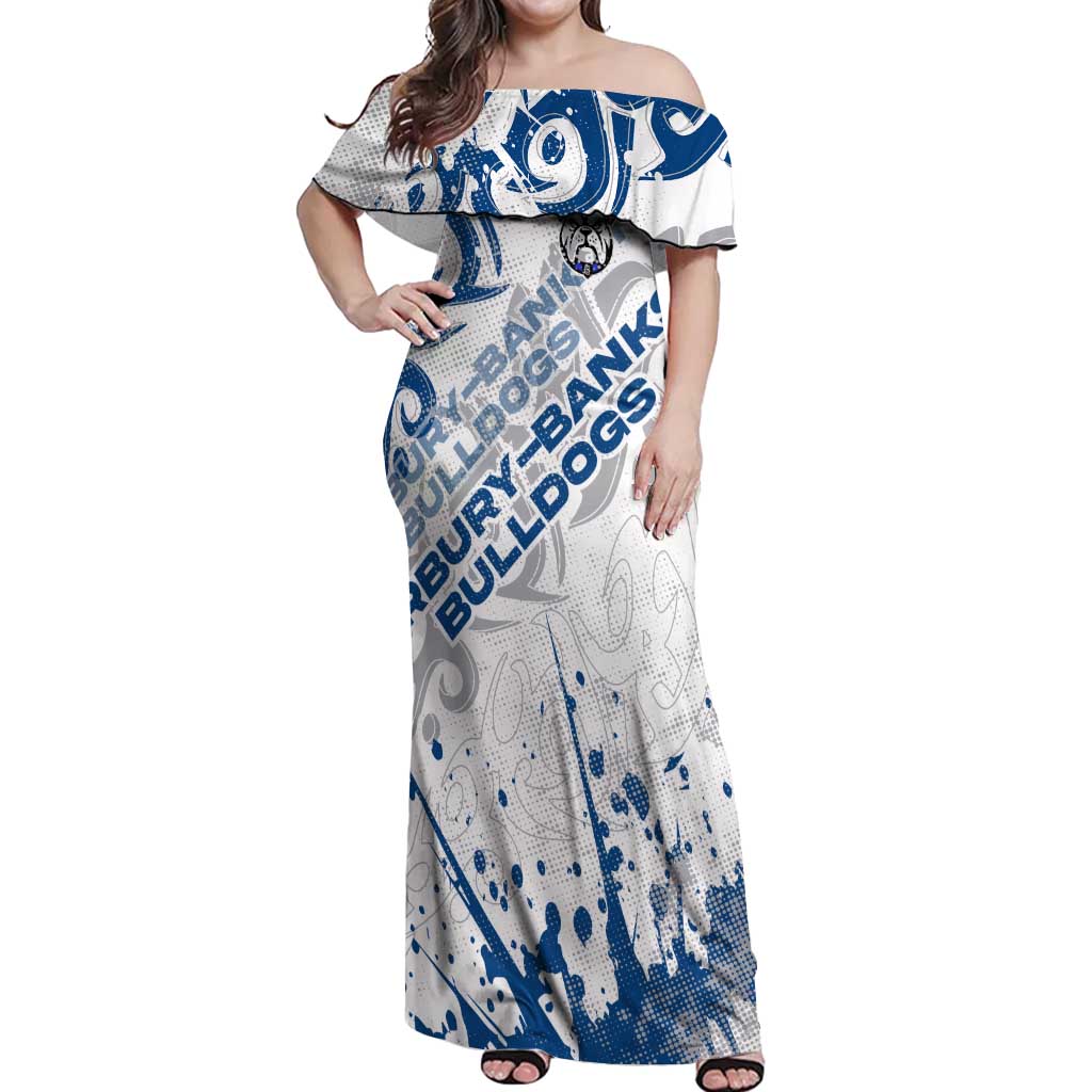 Personalized Canterbury-Bankstown Bulldogs Rugby Off Shoulder Maxi Dress Urban Street Graffiti Style - Distressed Splatter Elements