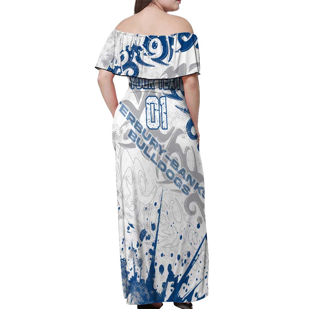 Personalized Canterbury-Bankstown Bulldogs Rugby Off Shoulder Maxi Dress Urban Street Graffiti Style - Distressed Splatter Elements
