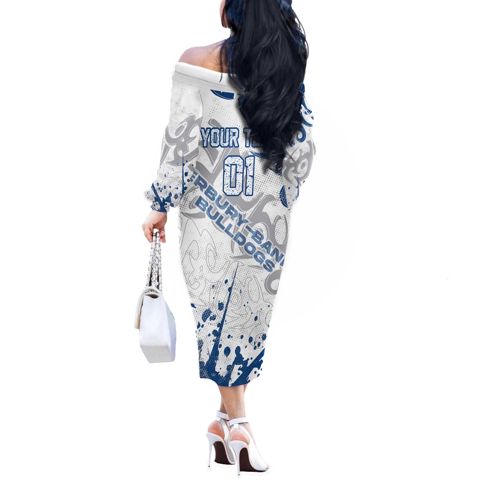 Personalized Canterbury-Bankstown Bulldogs Rugby Off The Shoulder Long Sleeve Dress Urban Street Graffiti Style - Distressed Splatter Elements