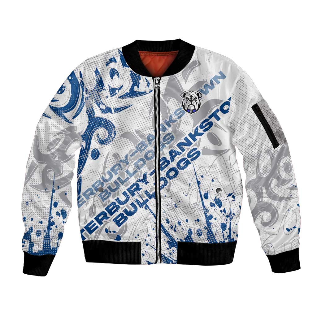 Personalized Canterbury-Bankstown Bulldogs Rugby Sleeve Zip Bomber Jacket Urban Street Graffiti Style - Distressed Splatter Elements