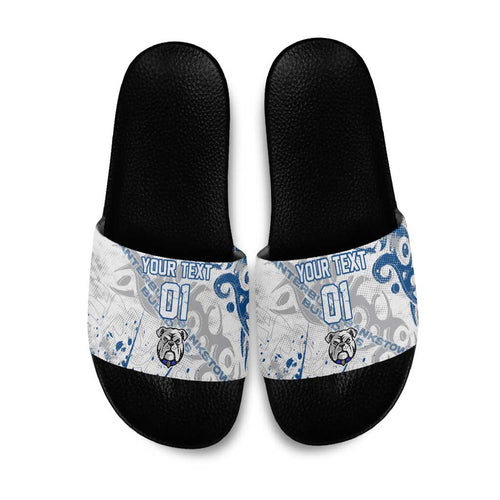 Personalized Canterbury-Bankstown Bulldogs Rugby Slide Sandals Urban Street Graffiti Style - Distressed Splatter Elements
