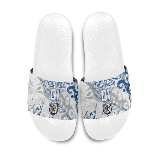 Personalized Canterbury-Bankstown Bulldogs Rugby Slide Sandals Urban Street Graffiti Style - Distressed Splatter Elements