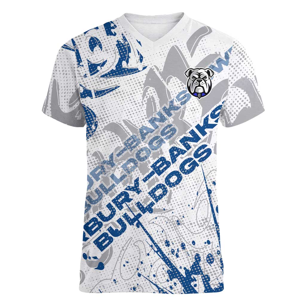 Personalized Canterbury-Bankstown Bulldogs Rugby Women V-Neck T-Shirt Urban Street Graffiti Style - Distressed Splatter Elements