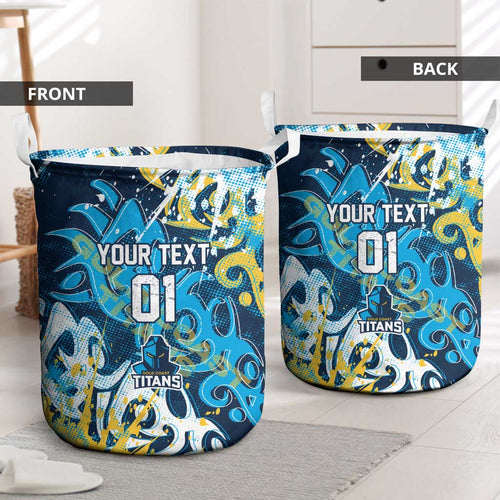 Personalized Gold Coast Titans Rugby Laundry Basket Urban Street Graffiti Style - Distressed Splatter Elements