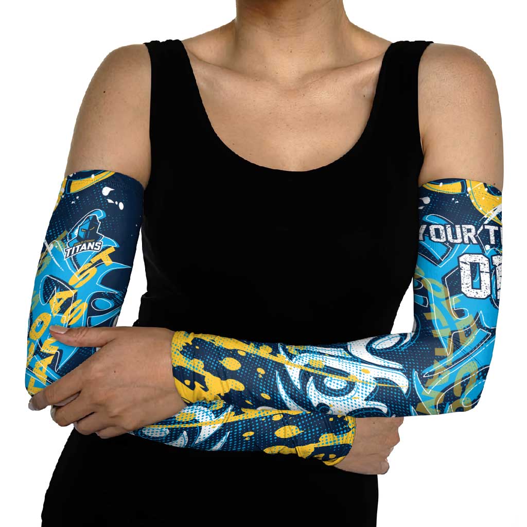 Personalized Gold Coast Titans Rugby Arm Sleeves Urban Street Graffiti Style - Distressed Splatter Elements