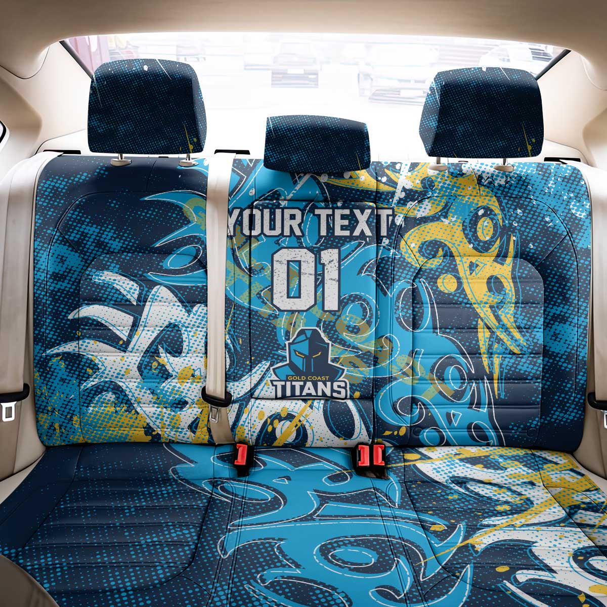 Personalized Gold Coast Titans Rugby Back Car Seat Cover Urban Street Graffiti Style - Distressed Splatter Elements