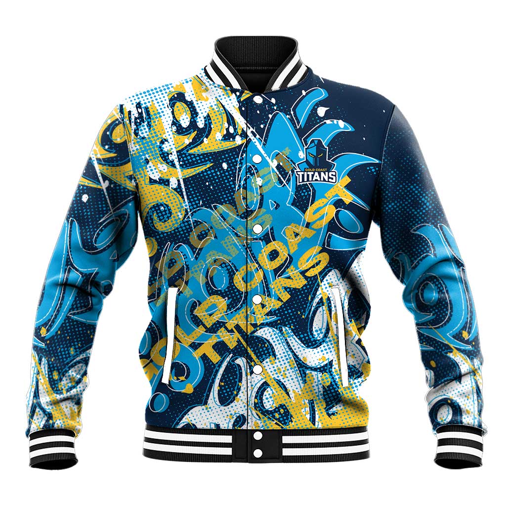 Personalized Gold Coast Titans Rugby Baseball Jacket Urban Street Graffiti Style - Distressed Splatter Elements