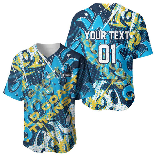 Personalized Gold Coast Titans Rugby Baseball Jersey Urban Street Graffiti Style - Distressed Splatter Elements