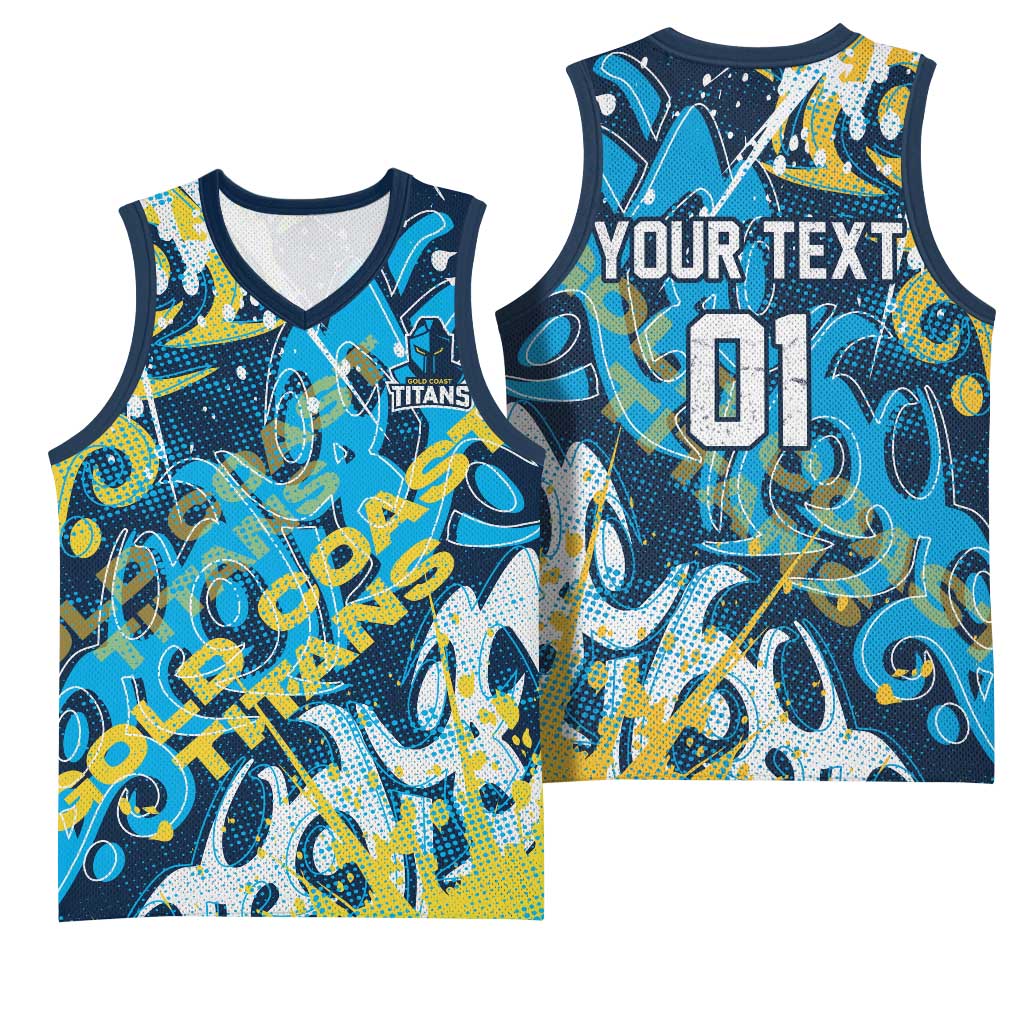 Personalized Gold Coast Titans Rugby Basketball Jersey Urban Street Graffiti Style - Distressed Splatter Elements