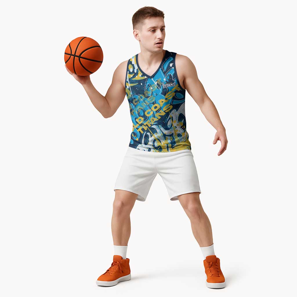 Personalized Gold Coast Titans Rugby Basketball Jersey Urban Street Graffiti Style - Distressed Splatter Elements