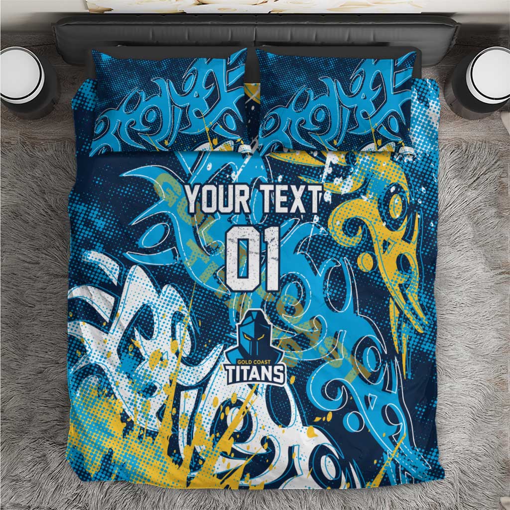 Personalized Gold Coast Titans Rugby Bedding Set Urban Street Graffiti Style - Distressed Splatter Elements