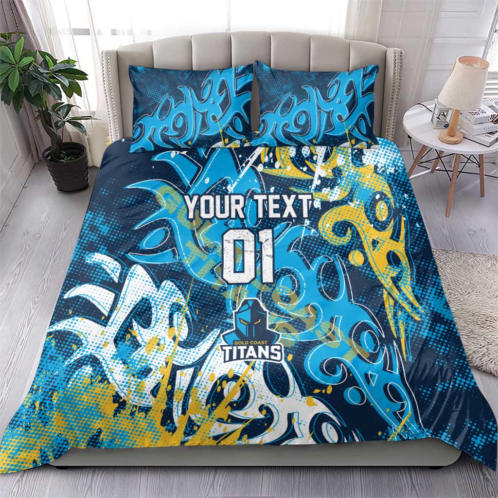 Personalized Gold Coast Titans Rugby Bedding Set Urban Street Graffiti Style - Distressed Splatter Elements