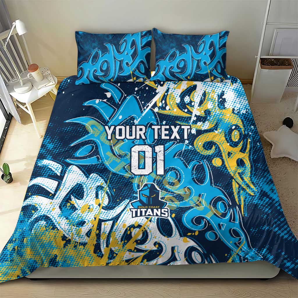 Personalized Gold Coast Titans Rugby Bedding Set Urban Street Graffiti Style - Distressed Splatter Elements