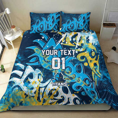 Personalized Gold Coast Titans Rugby Bedding Set Urban Street Graffiti Style - Distressed Splatter Elements