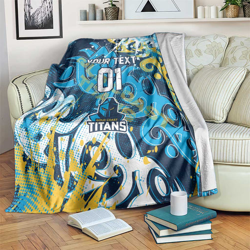 Personalized Gold Coast Titans Rugby Blanket Urban Street Graffiti Style - Distressed Splatter Elements