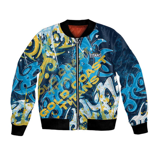 Personalized Gold Coast Titans Rugby Bomber Jacket Urban Street Graffiti Style - Distressed Splatter Elements