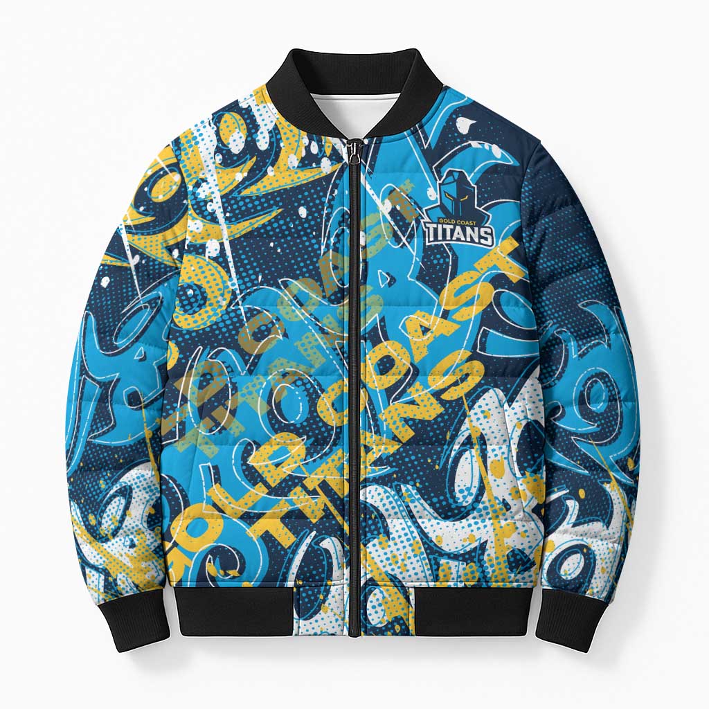 Personalized Gold Coast Titans Rugby Bomber Puffer Jacket Urban Street Graffiti Style - Distressed Splatter Elements
