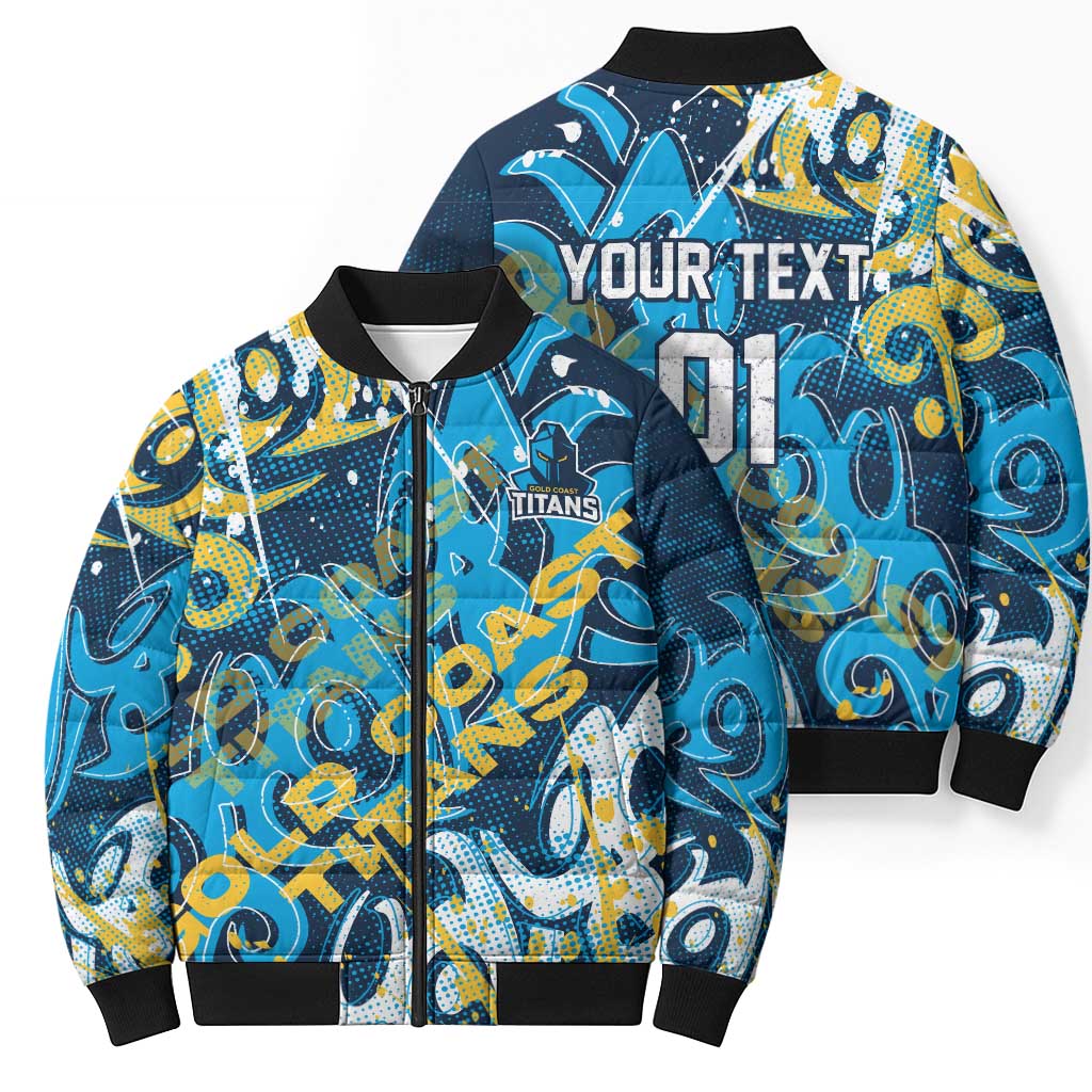 Personalized Gold Coast Titans Rugby Bomber Puffer Jacket Urban Street Graffiti Style - Distressed Splatter Elements