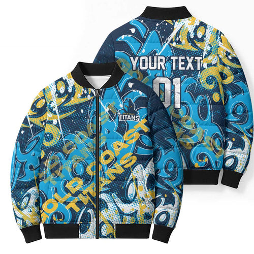 Personalized Gold Coast Titans Rugby Bomber Puffer Jacket Urban Street Graffiti Style - Distressed Splatter Elements