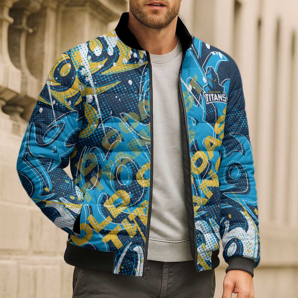 Personalized Gold Coast Titans Rugby Bomber Puffer Jacket Urban Street Graffiti Style - Distressed Splatter Elements