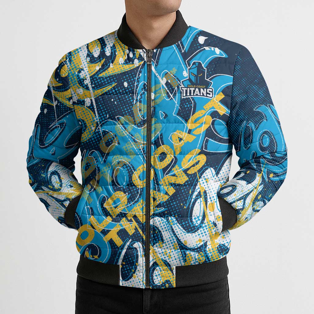 Personalized Gold Coast Titans Rugby Bomber Puffer Jacket Urban Street Graffiti Style - Distressed Splatter Elements