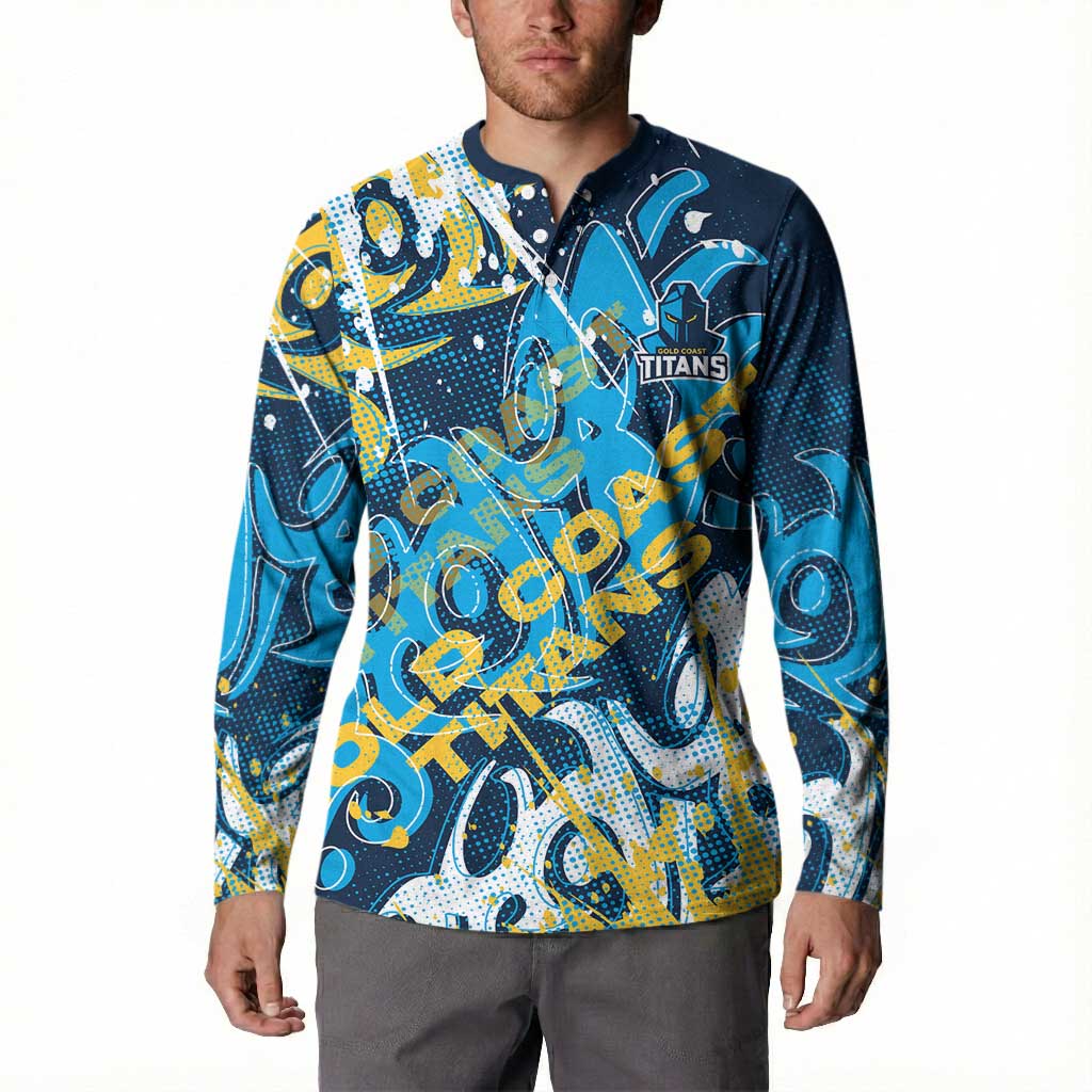 Personalized Gold Coast Titans Rugby Button Sweatshirt Urban Street Graffiti Style - Distressed Splatter Elements