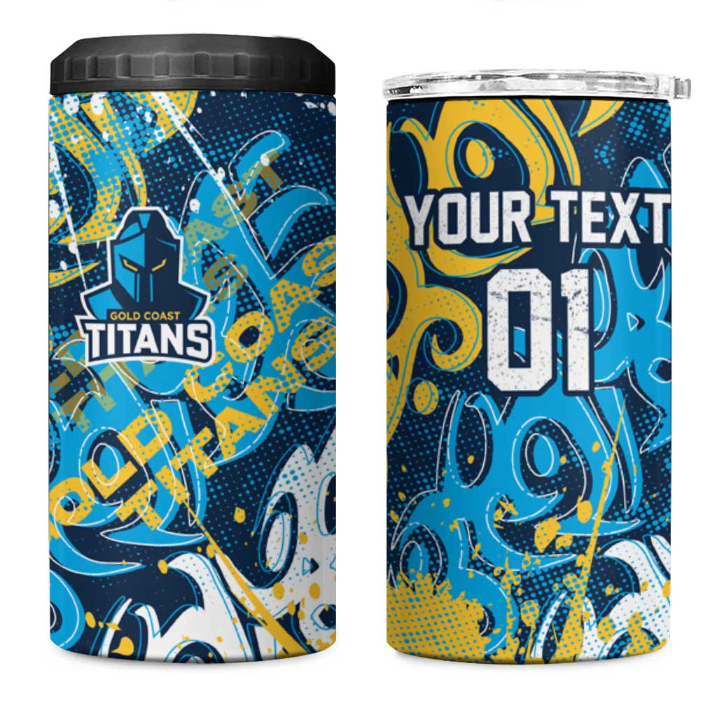 Personalized Gold Coast Titans Rugby 4 in 1 Can Cooler Tumbler Urban Street Graffiti Style - Distressed Splatter Elements
