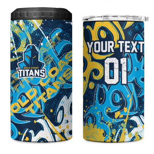 Personalized Gold Coast Titans Rugby 4 in 1 Can Cooler Tumbler Urban Street Graffiti Style - Distressed Splatter Elements