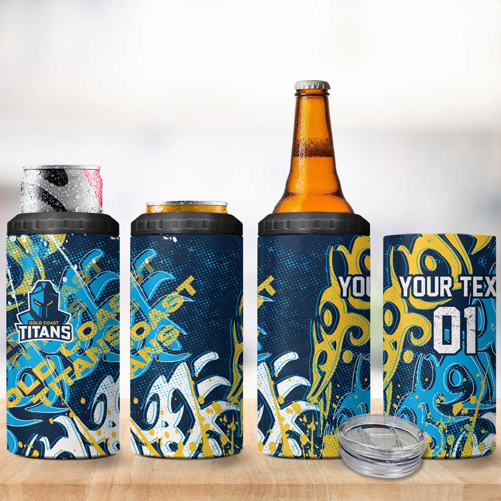 Personalized Gold Coast Titans Rugby 4 in 1 Can Cooler Tumbler Urban Street Graffiti Style - Distressed Splatter Elements