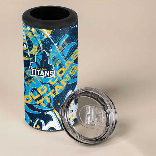 Personalized Gold Coast Titans Rugby 4 in 1 Can Cooler Tumbler Urban Street Graffiti Style - Distressed Splatter Elements