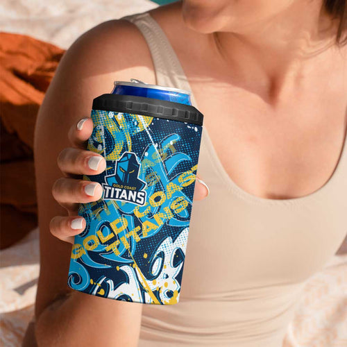 Personalized Gold Coast Titans Rugby 4 in 1 Can Cooler Tumbler Urban Street Graffiti Style - Distressed Splatter Elements
