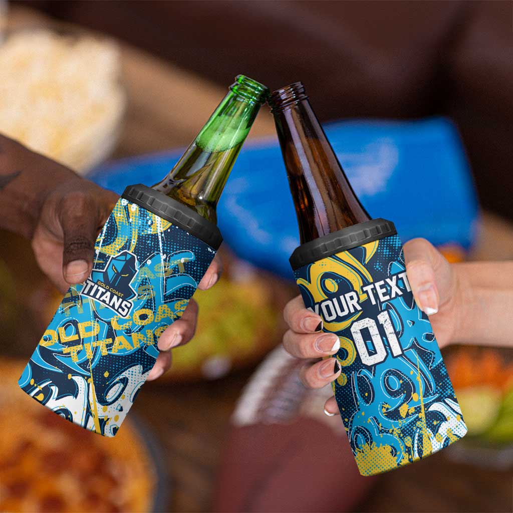 Personalized Gold Coast Titans Rugby 4 in 1 Can Cooler Tumbler Urban Street Graffiti Style - Distressed Splatter Elements
