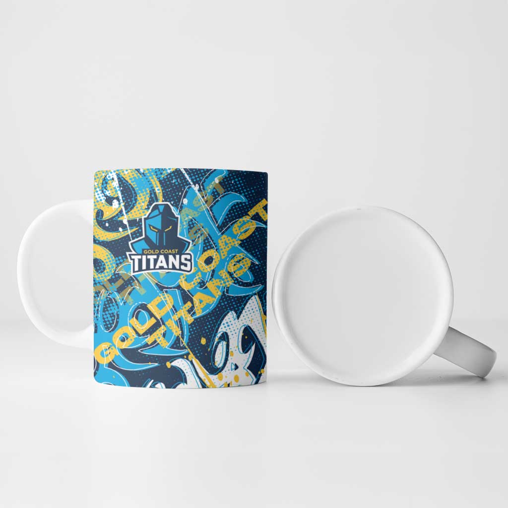 Personalized Gold Coast Titans Rugby Ceramic Mug Urban Street Graffiti Style - Distressed Splatter Elements