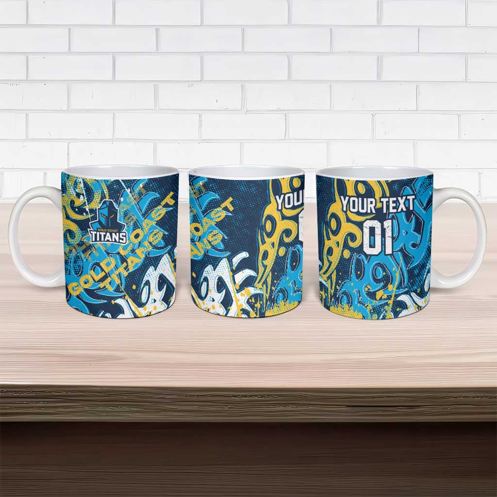 Personalized Gold Coast Titans Rugby Ceramic Mug Urban Street Graffiti Style - Distressed Splatter Elements