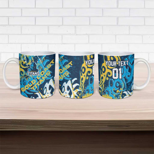 Personalized Gold Coast Titans Rugby Ceramic Mug Urban Street Graffiti Style - Distressed Splatter Elements