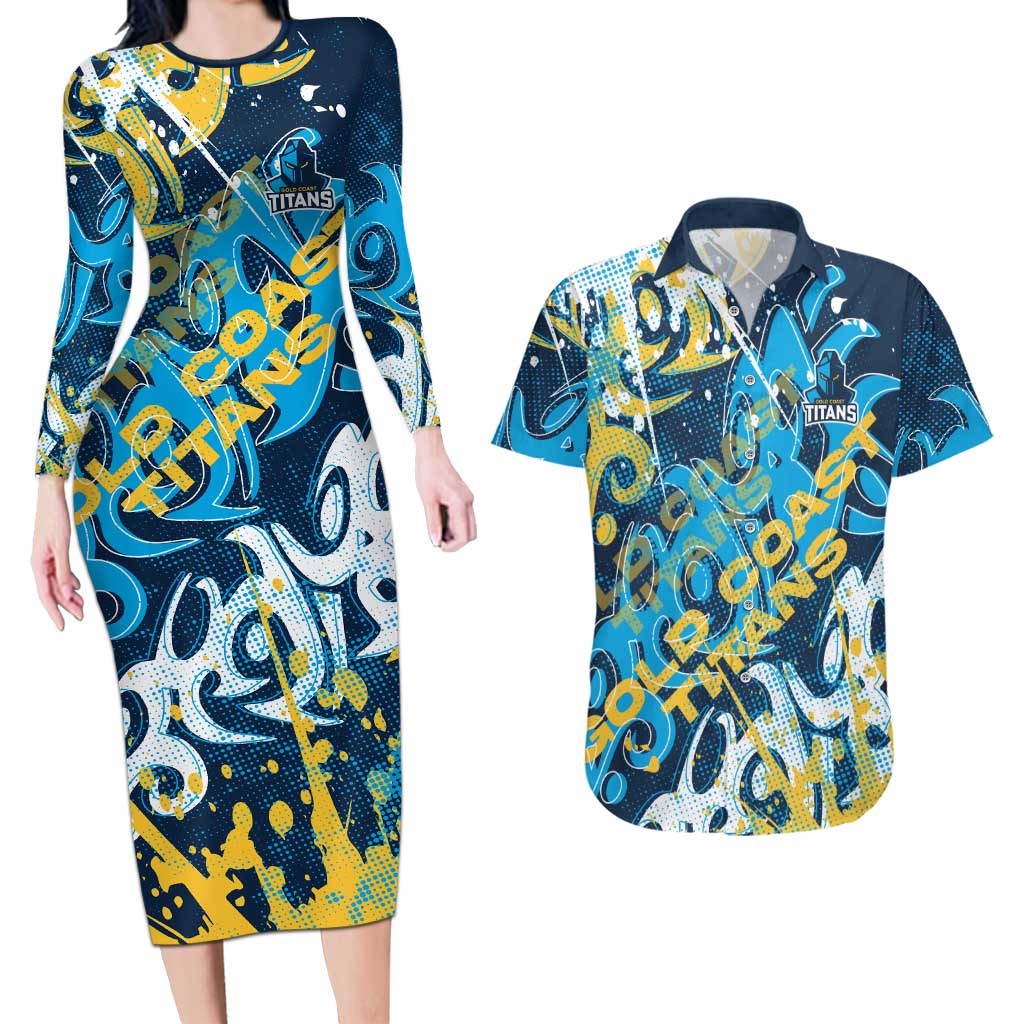 Personalized Gold Coast Titans Rugby Couples Matching Long Sleeve Bodycon Dress and Hawaiian Shirt Urban Street Graffiti Style - Distressed Splatter Elements