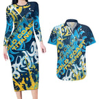 Personalized Gold Coast Titans Rugby Couples Matching Long Sleeve Bodycon Dress and Hawaiian Shirt Urban Street Graffiti Style - Distressed Splatter Elements