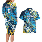Personalized Gold Coast Titans Rugby Couples Matching Long Sleeve Bodycon Dress and Hawaiian Shirt Urban Street Graffiti Style - Distressed Splatter Elements