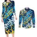 Personalized Gold Coast Titans Rugby Couples Matching Long Sleeve Bodycon Dress and Long Sleeve Button Shirt Urban Street Graffiti Style - Distressed Splatter Elements