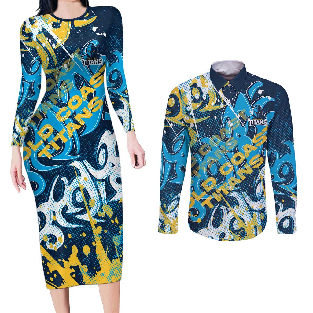 Personalized Gold Coast Titans Rugby Couples Matching Long Sleeve Bodycon Dress and Long Sleeve Button Shirt Urban Street Graffiti Style - Distressed Splatter Elements