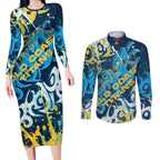 Personalized Gold Coast Titans Rugby Couples Matching Long Sleeve Bodycon Dress and Long Sleeve Button Shirt Urban Street Graffiti Style - Distressed Splatter Elements