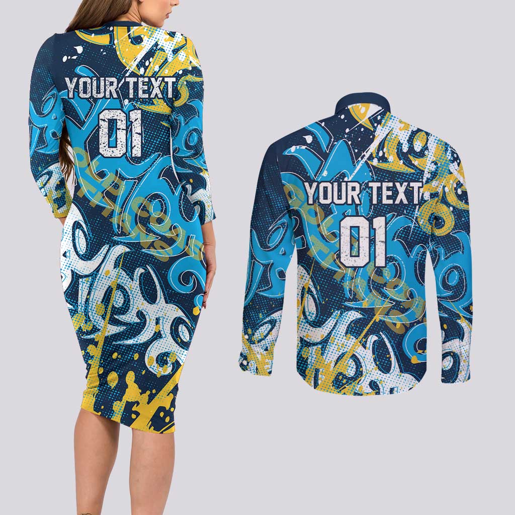 Personalized Gold Coast Titans Rugby Couples Matching Long Sleeve Bodycon Dress and Long Sleeve Button Shirt Urban Street Graffiti Style - Distressed Splatter Elements