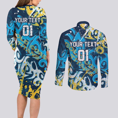 Personalized Gold Coast Titans Rugby Couples Matching Long Sleeve Bodycon Dress and Long Sleeve Button Shirt Urban Street Graffiti Style - Distressed Splatter Elements