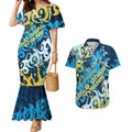 Personalized Gold Coast Titans Rugby Couples Matching Mermaid Dress and Hawaiian Shirt Urban Street Graffiti Style - Distressed Splatter Elements
