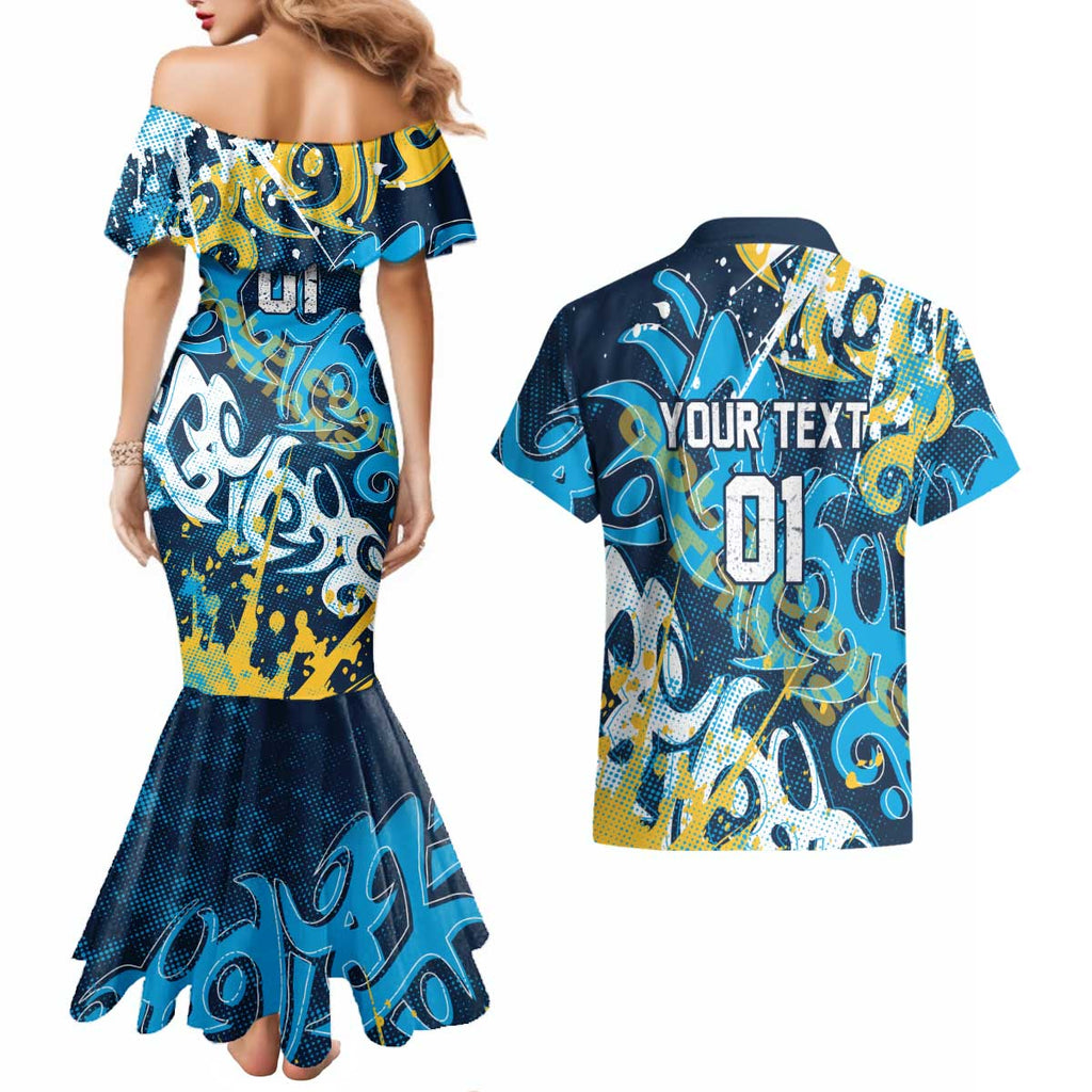 Personalized Gold Coast Titans Rugby Couples Matching Mermaid Dress and Hawaiian Shirt Urban Street Graffiti Style - Distressed Splatter Elements