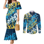 Personalized Gold Coast Titans Rugby Couples Matching Mermaid Dress and Long Sleeve Button Shirt Urban Street Graffiti Style - Distressed Splatter Elements