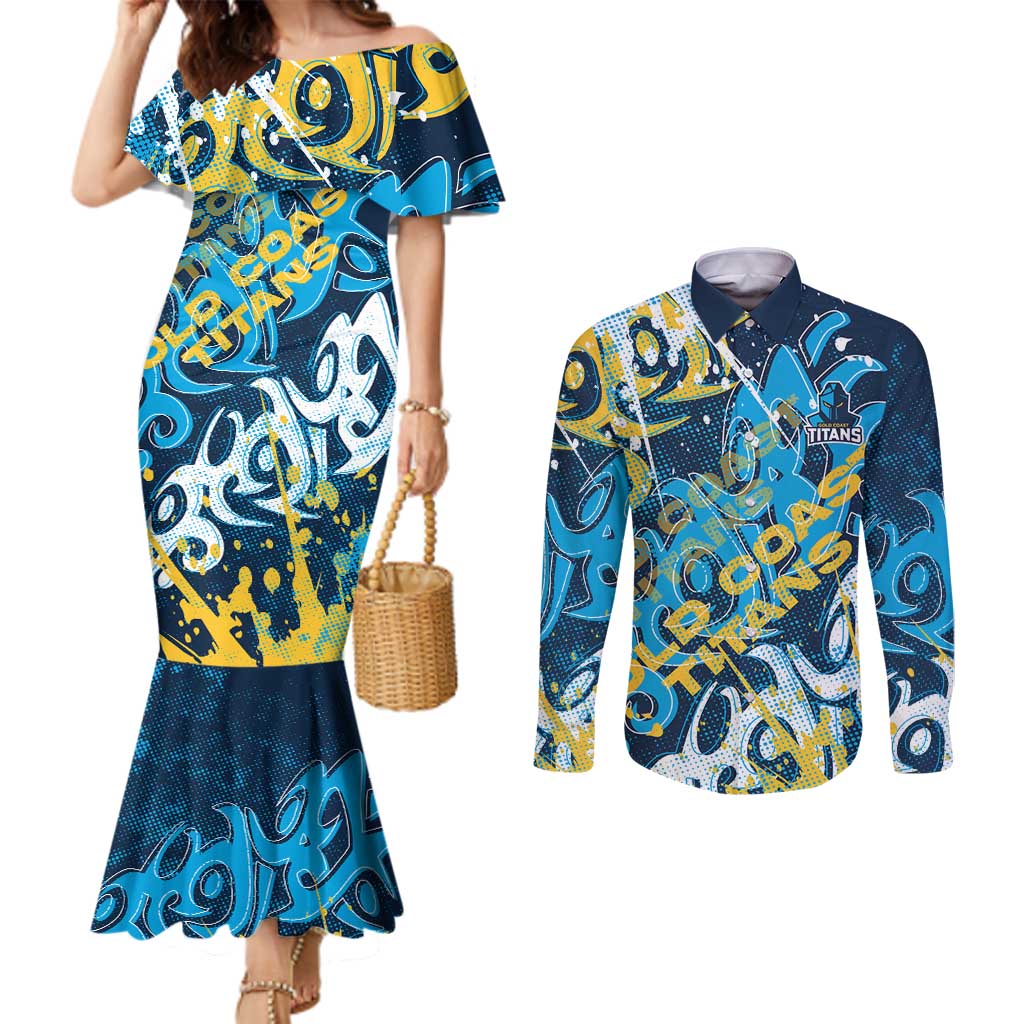 Personalized Gold Coast Titans Rugby Couples Matching Mermaid Dress and Long Sleeve Button Shirt Urban Street Graffiti Style - Distressed Splatter Elements